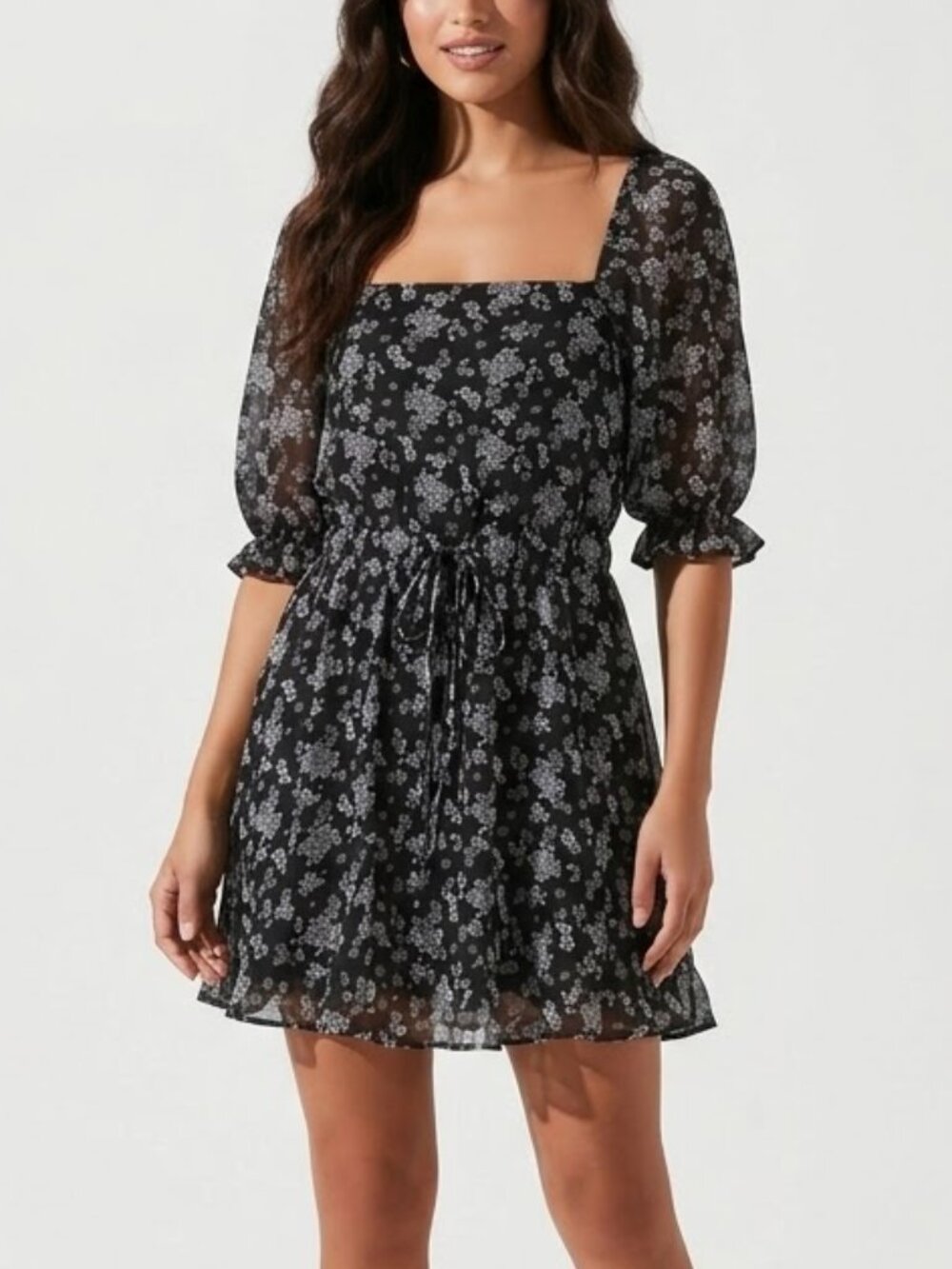 Trixxi Whimsigoth Black Floral Square Neck Puff Sleeve Milkmaid Mini Dress L